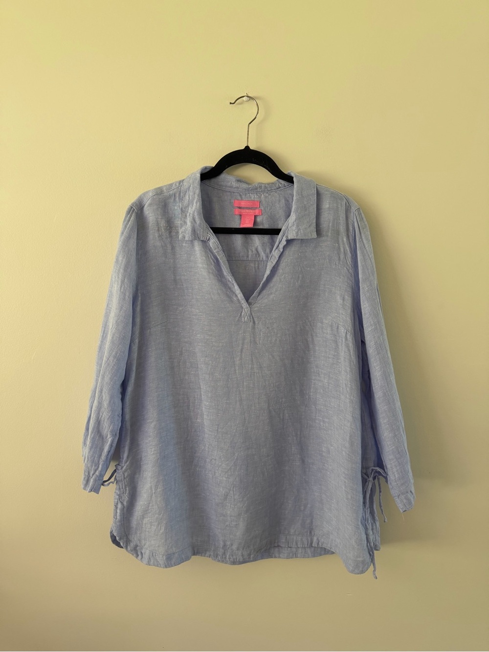 100% Linen Blue Coastal Grandma Beach Minimalist Relaxed Popover Women’s Large
